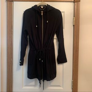 Michael Kors black zip up trench with hood and gold trims